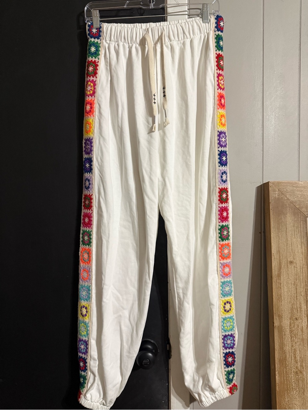 POL White Jogger Pants with Multicolor Crochet Side Stripes